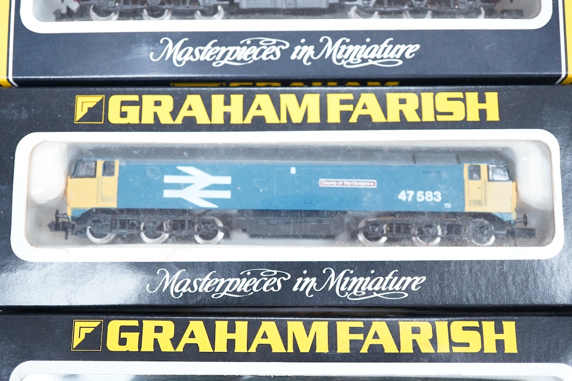 Four boxed Graham Farish N gauge railway Class 47 diesel locomotives; a BR, County of Hertfordshire 47 583 (8007), a BR, Isambard Kingdom Brunel D1662 (8004), an EWS, 47744, (802C) and a ScotRail, Waverley 47708 (8001).